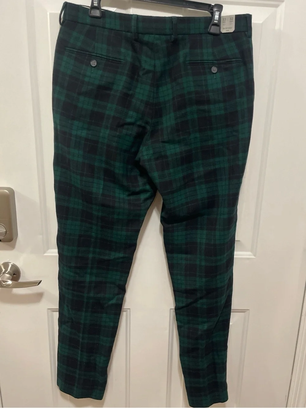 J.Crew Bowery Slim Pant in Wool Tartan 33x 32 Black Green